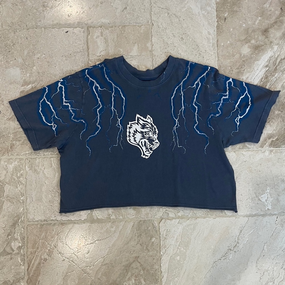 NWT Dark Sport Above Us Distressed Cropped Tee Blue Lightning (Size M)